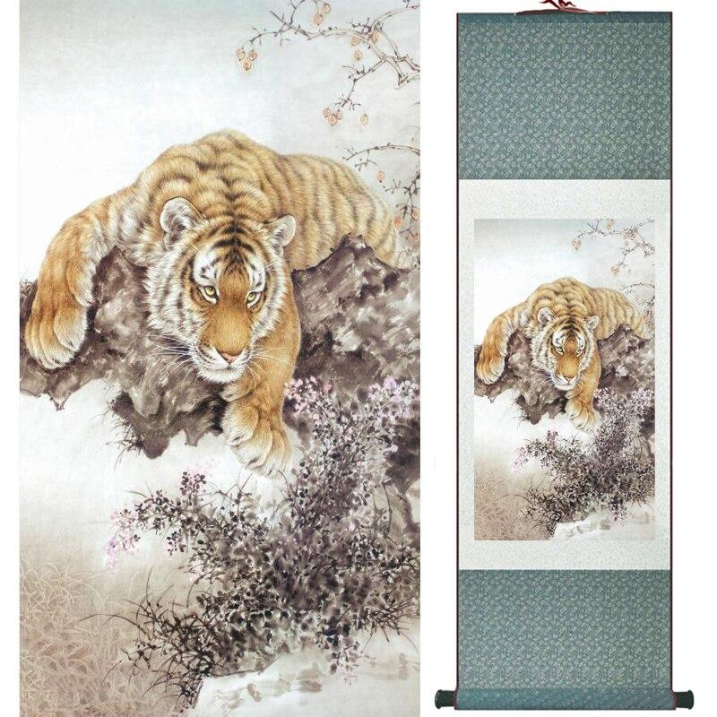 Chinese Art Scroll Painting Animal Tiger Ancient Silk Picture Wall Ideas 15764-Chinese Style Finds™