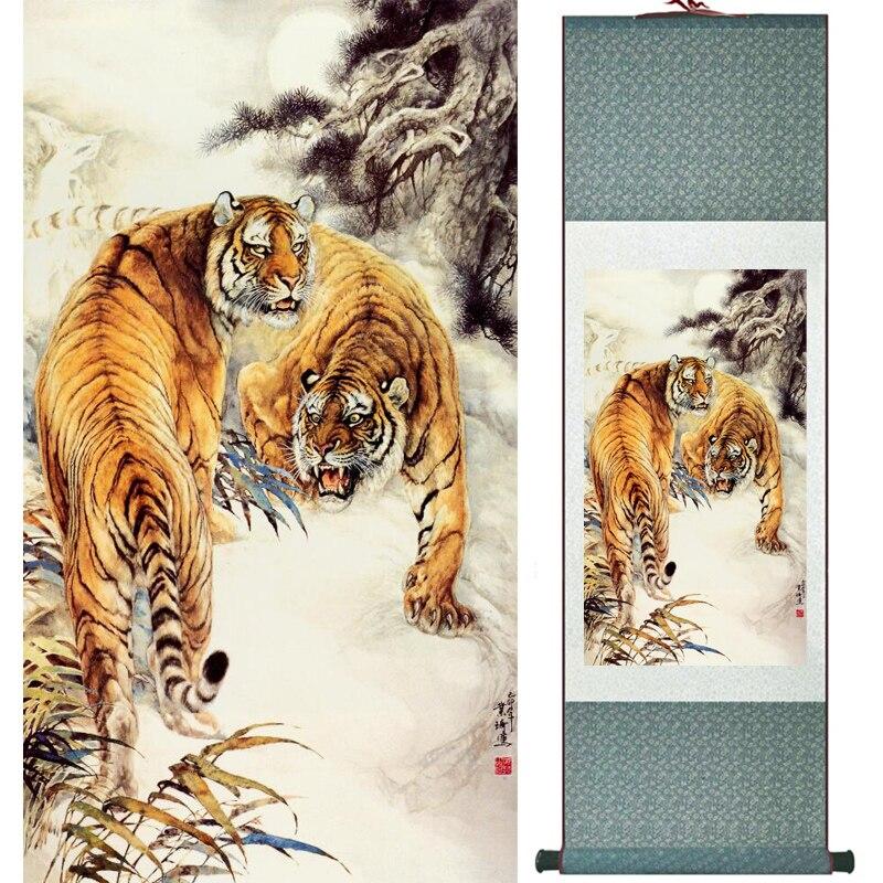 Chinese Art Scroll Painting Animal Tiger Ancient Silk Picture Wall Ideas 16140-Chinese Style Finds™