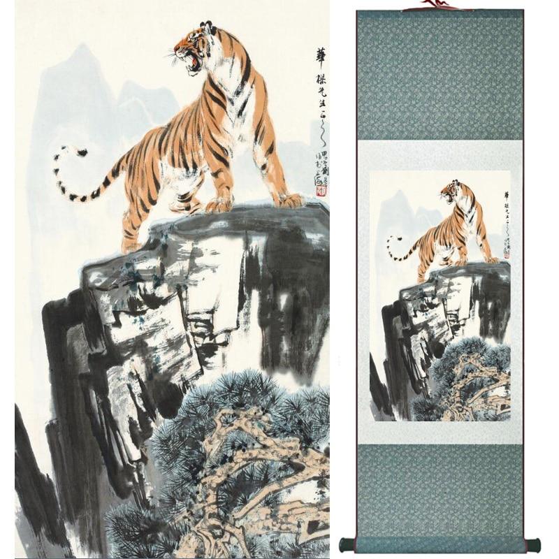 Chinese Art Scroll Painting Animal Tiger Ancient Silk Picture Wall Ideas 16144-Chinese Style Finds™