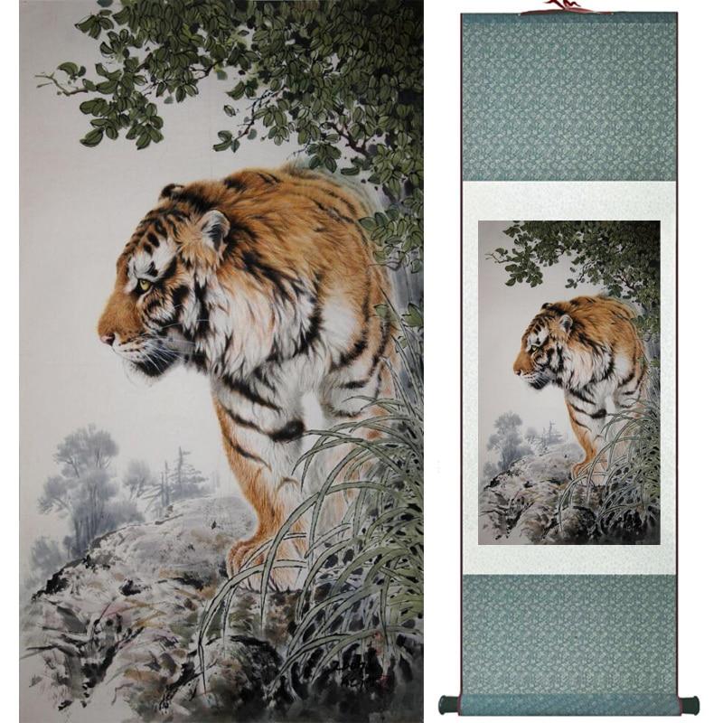 Chinese Art Scroll Painting Animal Tiger Ancient Silk Picture Wall Ideas 16148-Chinese Style Finds™