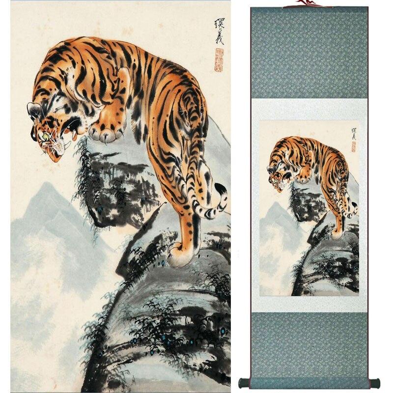 Chinese Art Scroll Painting Animal Tiger Ancient Silk Picture Wall Ideas 16228-Chinese Style Finds™