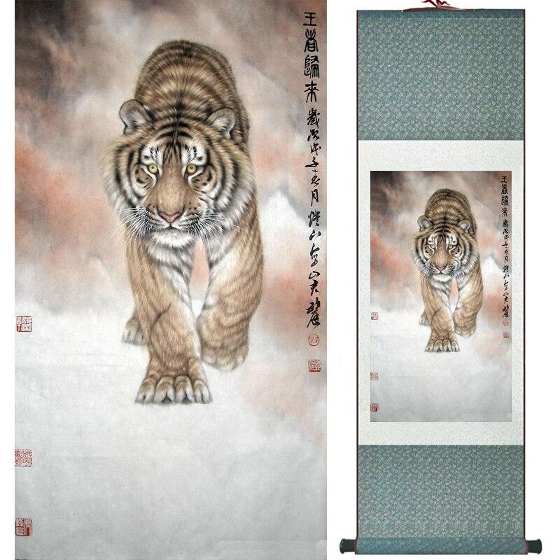 Chinese Art Scroll Painting Animal Tiger Ancient Silk Picture Wall Ideas 16730-Chinese Style Finds™