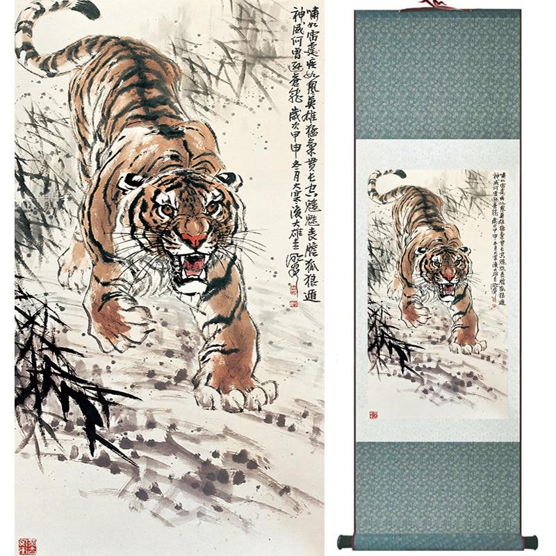 Chinese Art Scroll Painting Animal Tiger Ancient Silk Picture Wall Ideas 16734-Chinese Style Finds™