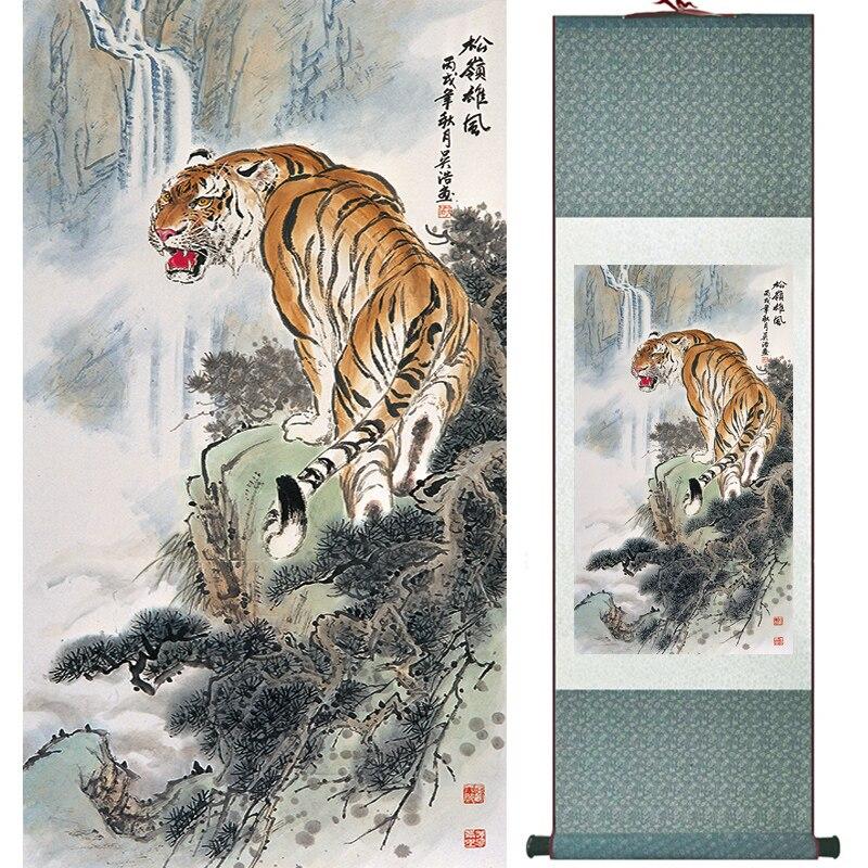 Chinese Art Scroll Painting Animal Tiger Ancient Silk Picture Wall Ideas 16738-Chinese Style Finds™