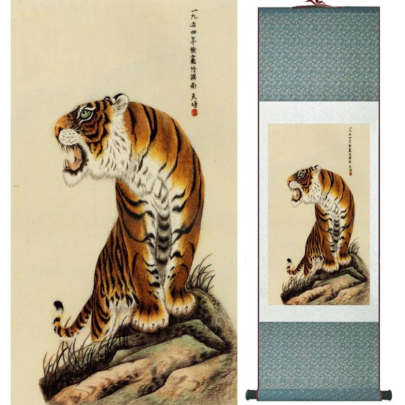 Chinese Art Scroll Painting Animal Tiger Ancient Silk Picture Wall Ideas 16898-Chinese Style Finds™