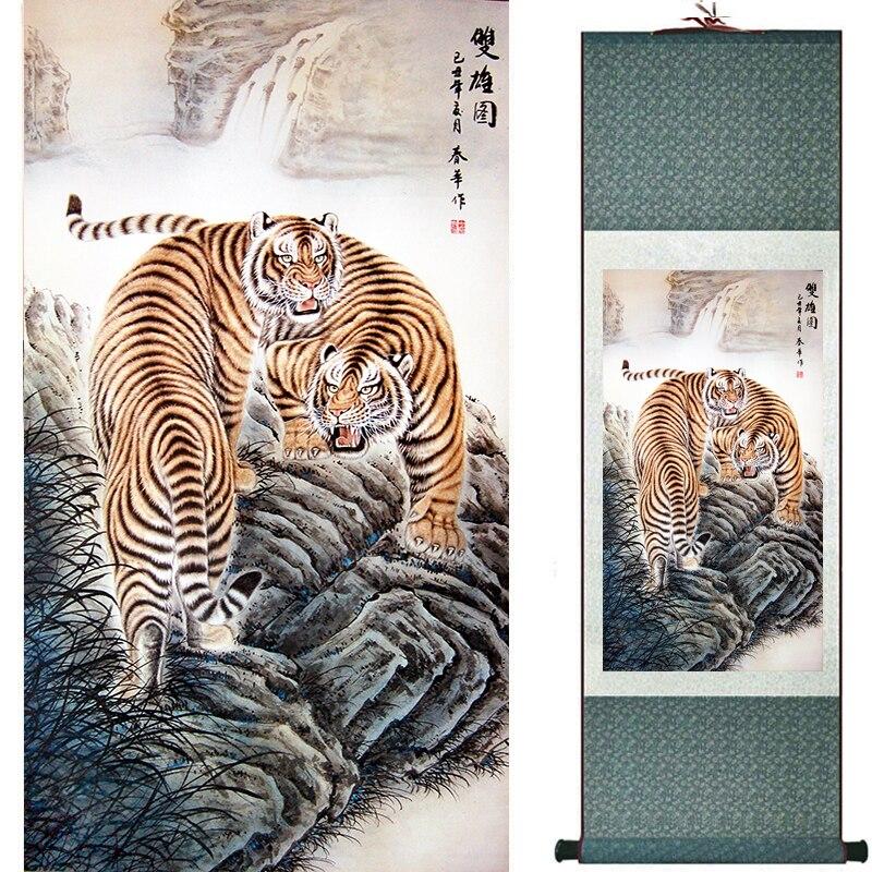 Chinese Art Scroll Painting Animal Tiger Ancient Silk Picture Wall Ideas 17006-Chinese Style Finds™