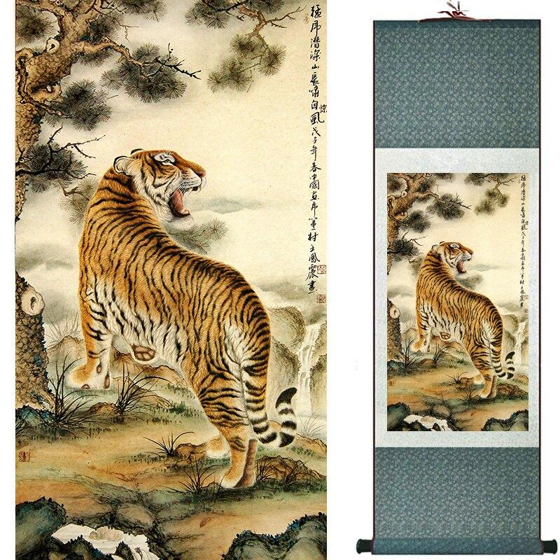 Chinese Art Scroll Painting Animal Tiger Ancient Silk Picture Wall Ideas 17014-Chinese Style Finds™