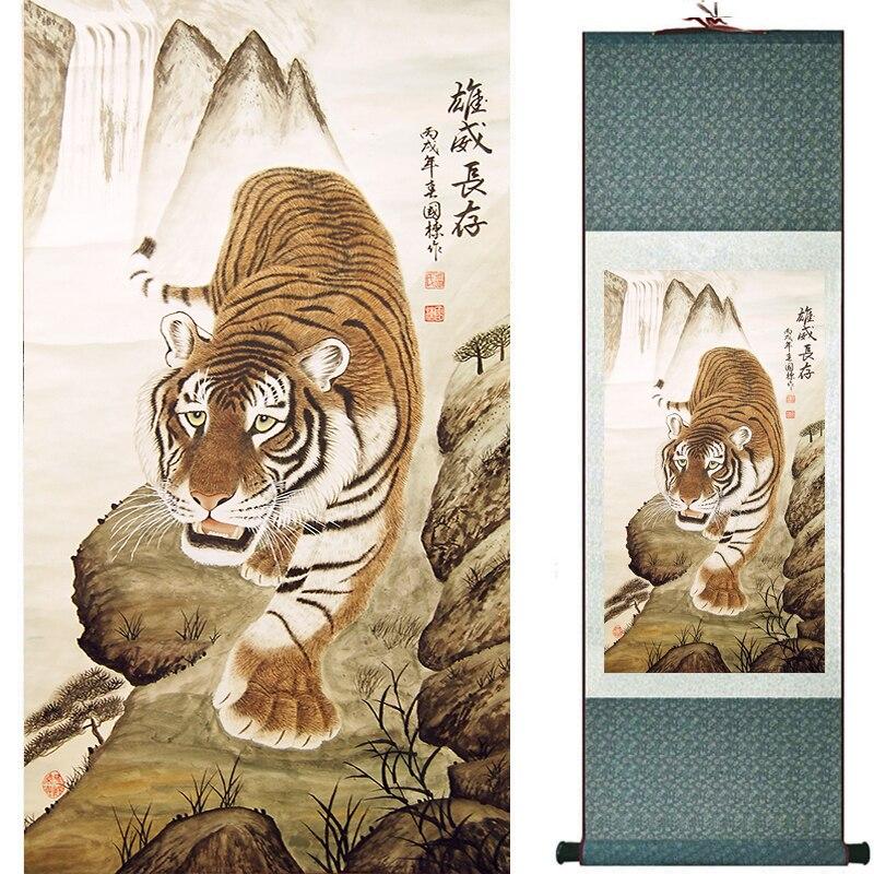 Chinese Art Scroll Painting Animal Tiger Ancient Silk Picture Wall Ideas 17022-Chinese Style Finds™