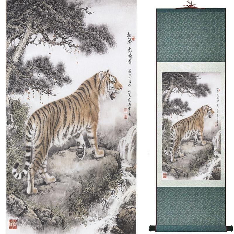 Chinese Art Scroll Painting Animal Tiger Ancient Silk Picture Wall Ideas 17030-Chinese Style Finds™