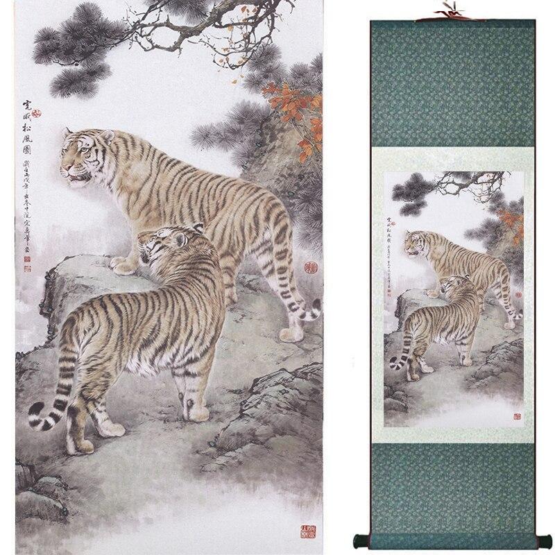 Chinese Art Scroll Painting Animal Tiger Ancient Silk Picture Wall Ideas 17034-Chinese Style Finds™