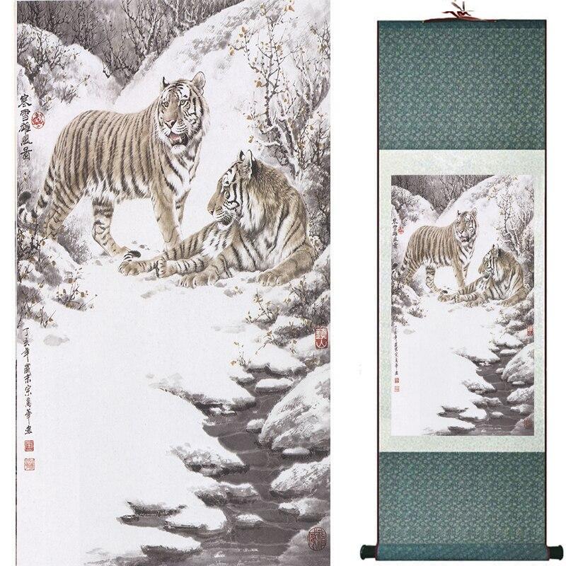 Chinese Art Scroll Painting Animal Tiger Ancient Silk Picture Wall Ideas 17038-Chinese Style Finds™