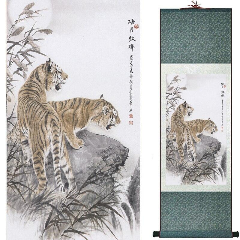 Chinese Art Scroll Painting Animal Tiger Ancient Silk Picture Wall Ideas 17046-Chinese Style Finds™