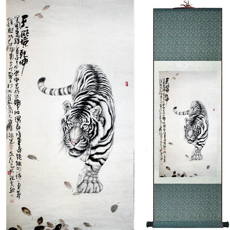 Chinese Art Scroll Painting Animal Tiger Ancient Silk Picture Wall Ideas 17054-Chinese Style Finds™