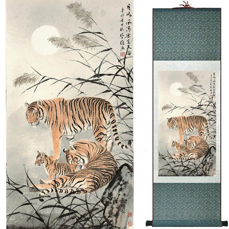 Chinese Art Scroll Painting Animal Tiger Ancient Silk Picture Wall Ideas 17058-Chinese Style Finds™