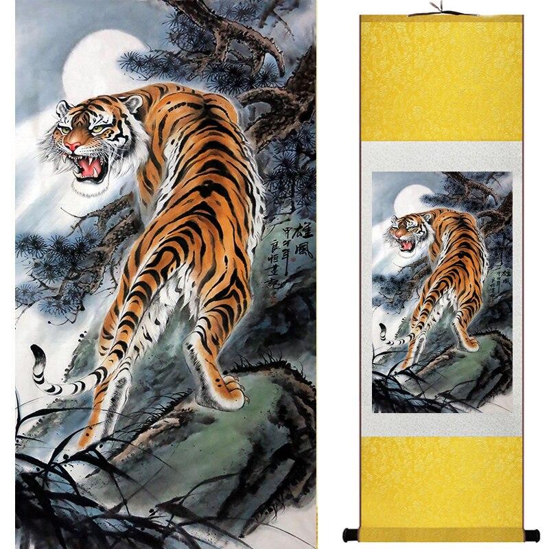 Chinese Art Scroll Painting Animal Tiger Ancient Silk Picture Wall Ideas 17174-Chinese Style Finds™