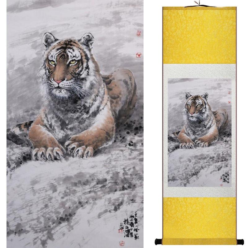 Chinese Art Scroll Painting Animal Tiger Ancient Silk Picture Wall Ideas 18342-Chinese Style Finds™