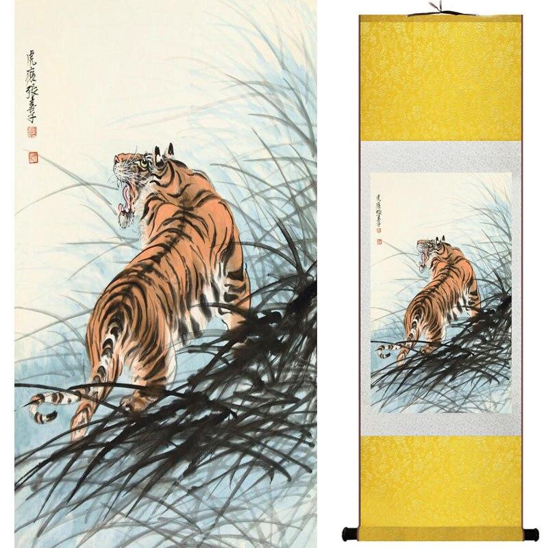 Chinese Art Scroll Painting Animal Tiger Ancient Silk Picture Wall Ideas 18346-Chinese Style Finds™