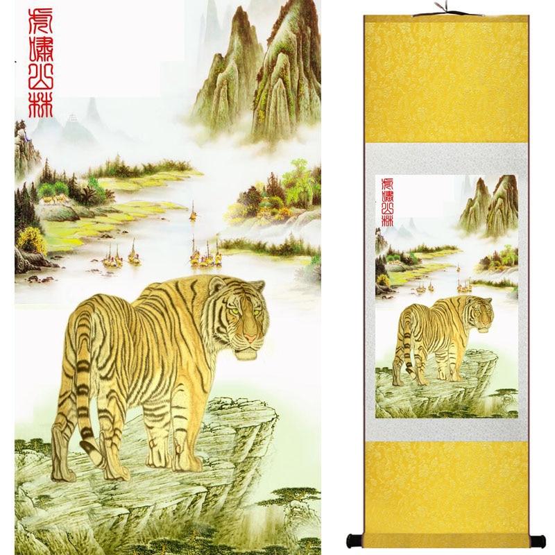 Chinese Art Scroll Painting Animal Tiger Ancient Silk Picture Wall Ideas 18350-Chinese Style Finds™