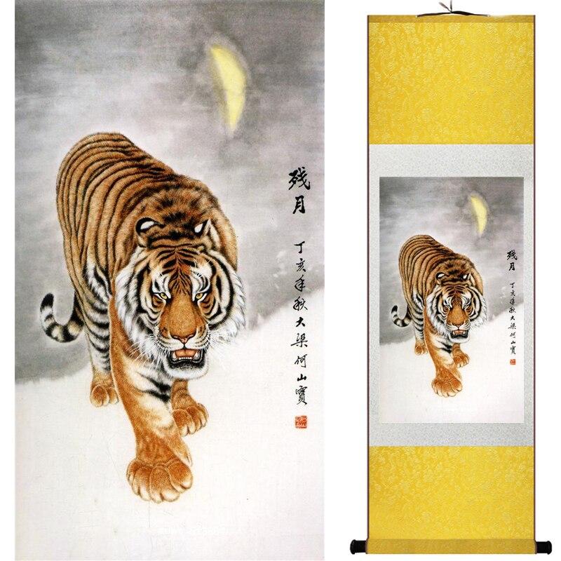 Chinese Art Scroll Painting Animal Tiger Ancient Silk Picture Wall Ideas 18358-Chinese Style Finds™