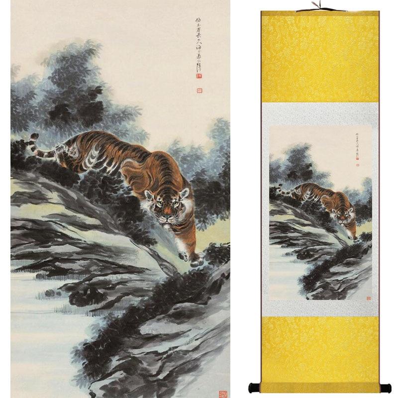 Chinese Art Scroll Painting Animal Tiger Ancient Silk Picture Wall Ideas 18362-Chinese Style Finds™