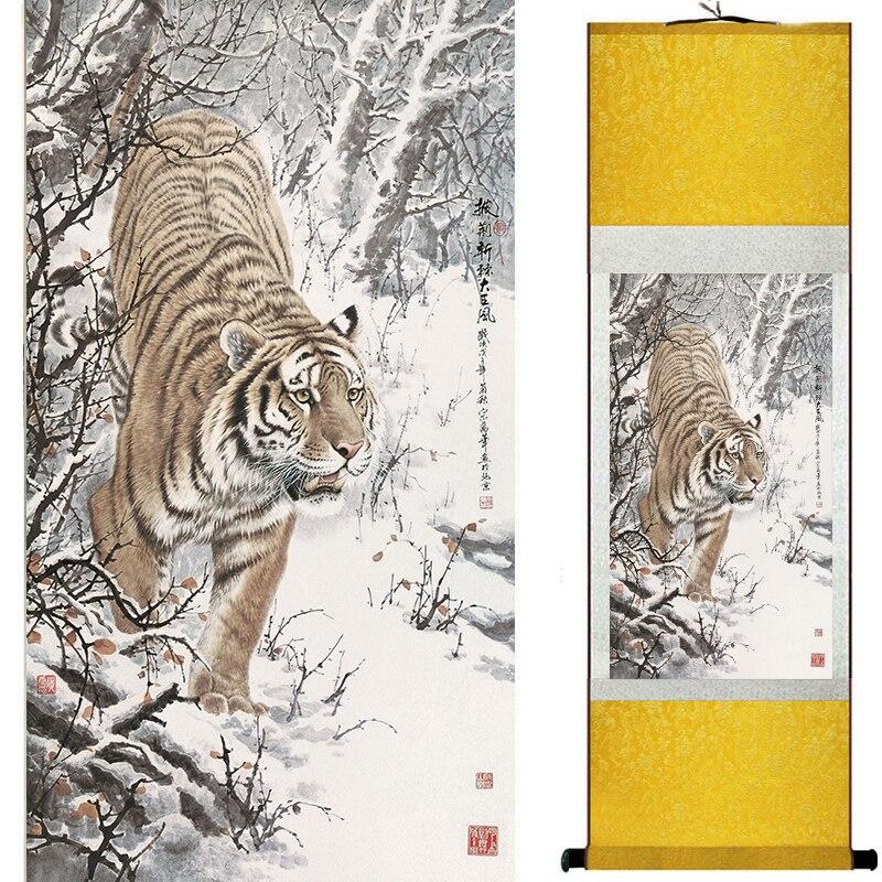 Chinese Art Scroll Painting Animal Tiger Ancient Silk Picture Wall Ideas 18416-Chinese Style Finds™