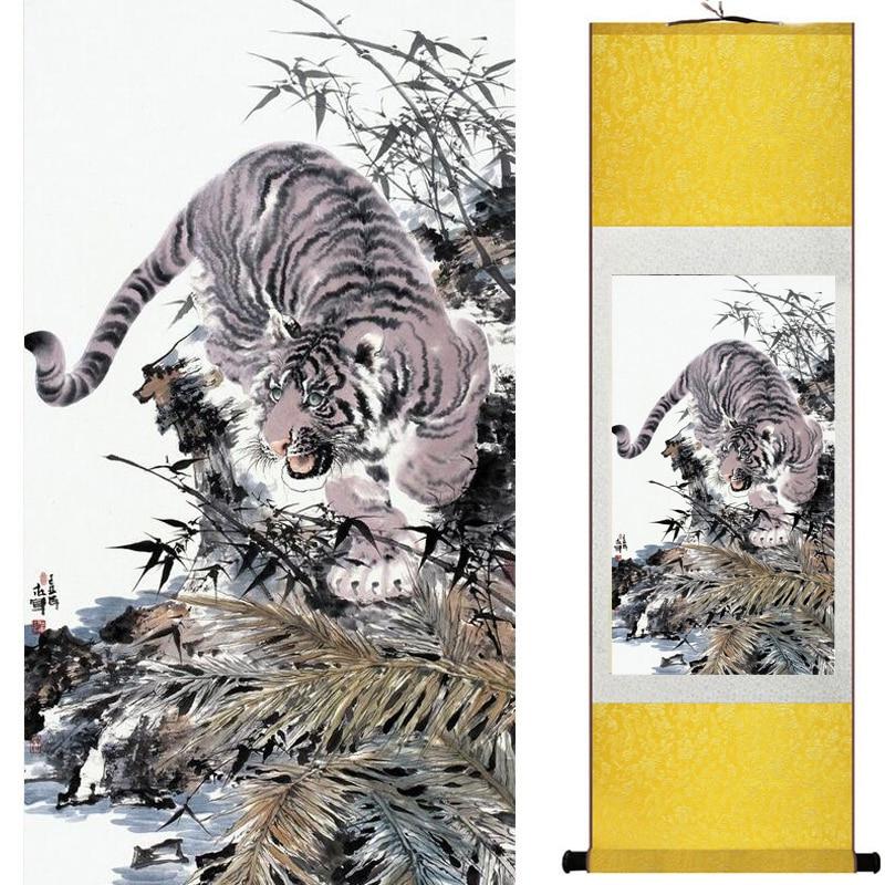 Chinese Art Scroll Painting Animal Tiger Ancient Silk Picture Wall Ideas 19130-Chinese Style Finds™