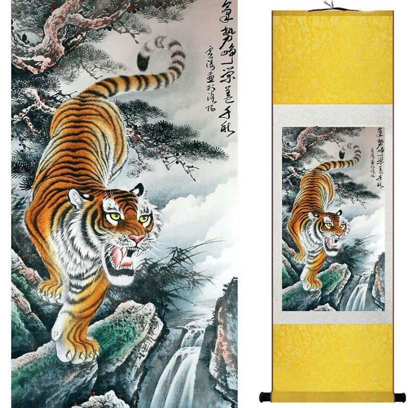 Chinese Art Scroll Painting Animal Tiger Ancient Silk Picture Wall Ideas 19826-Chinese Style Finds™