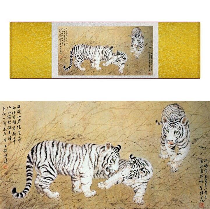 Chinese Art Scroll Painting Animal Tiger Ancient Silk Picture Wall Ideas 19830-Chinese Style Finds™