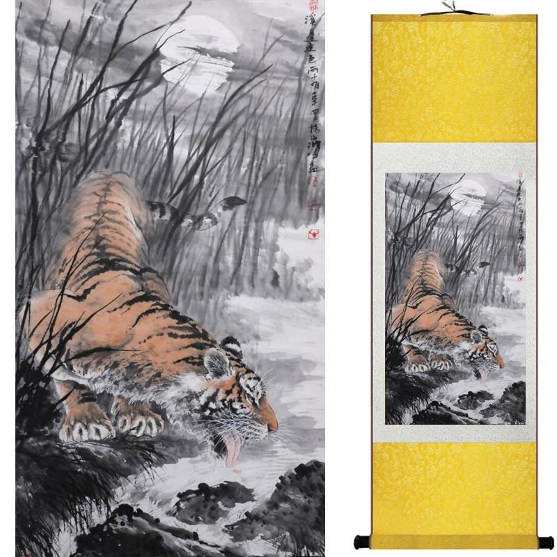 Chinese Art Scroll Painting Animal Tiger Ancient Silk Picture Wall Ideas 20266-Chinese Style Finds™