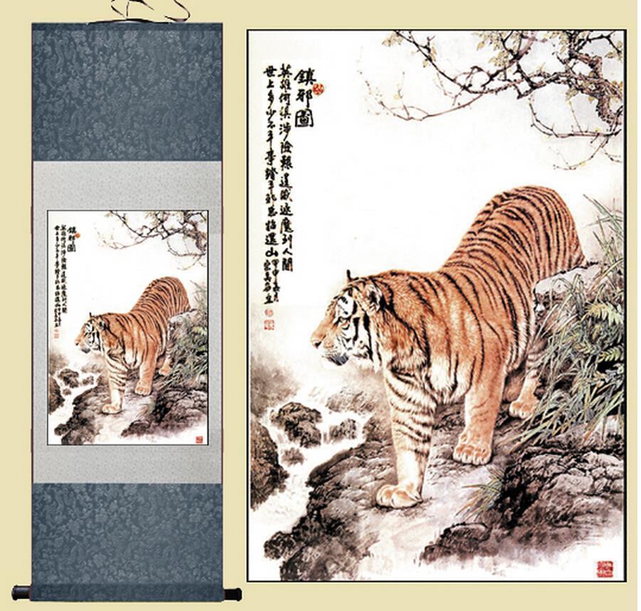 Chinese Art Scroll Painting Animal Tiger King Forest Ancient Silk Picture Wall Ideas 10336-Chinese Style Finds™