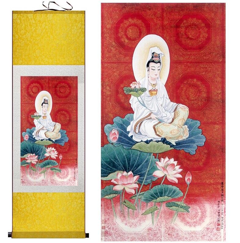 Chinese Art Scroll Painting Avalokitesvara Ancient Silk Picture Wall Ideas 11270-Chinese Style Finds™