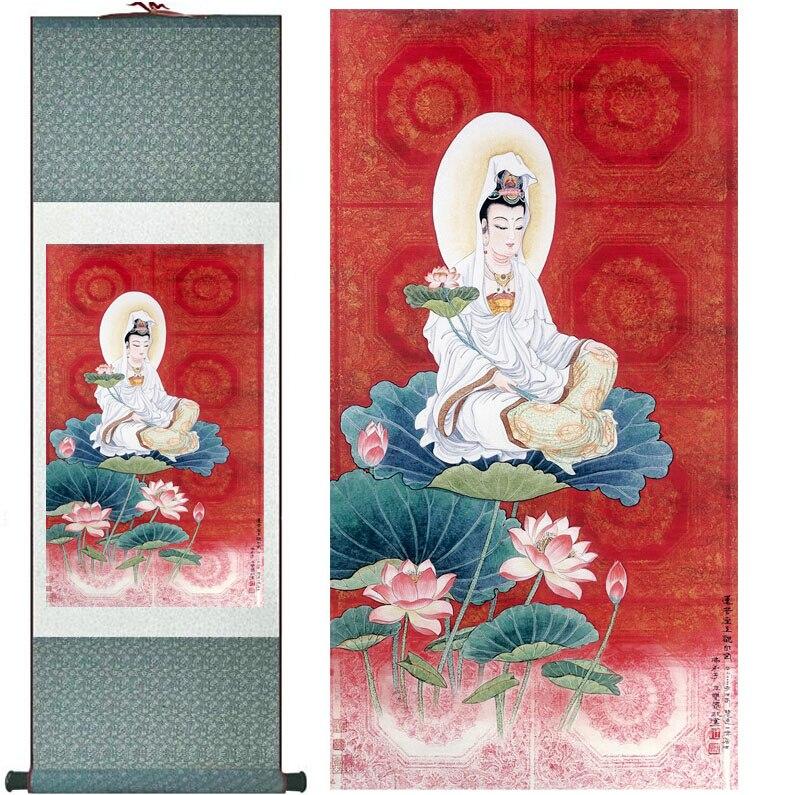 Chinese Art Scroll Painting Avalokitesvara Ancient Silk Picture Wall Ideas 11270-Chinese Style Finds™