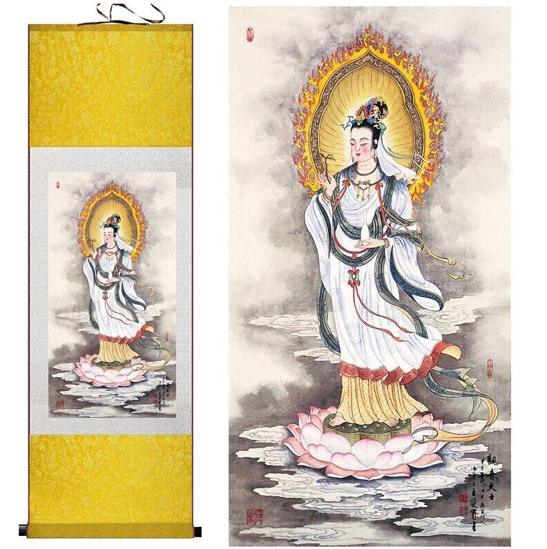 Chinese Art Scroll Painting Avalokitesvara Ancient Silk Picture Wall Ideas 11274-Chinese Style Finds™