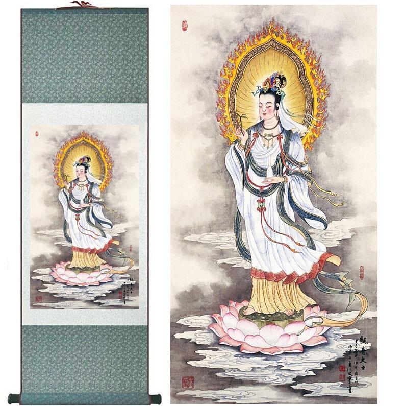 Chinese Art Scroll Painting Avalokitesvara Ancient Silk Picture Wall Ideas 11274-Chinese Style Finds™