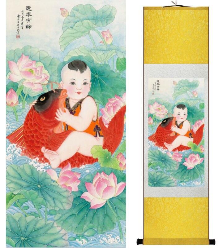 Chinese Art Scroll Painting Baby Boy Ancient Silk Picture Wall Ideas 14226-Chinese Style Finds™