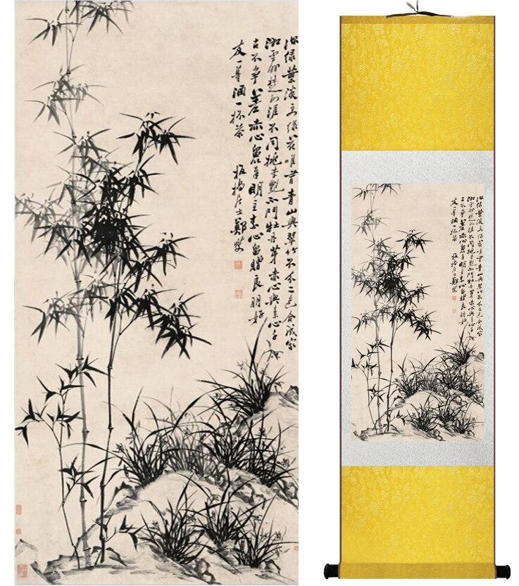 Chinese Art Scroll Painting Bamboo Calligraphys And Flower Ancient Silk Picture Wall Ideas 14538-Chinese Style Finds™