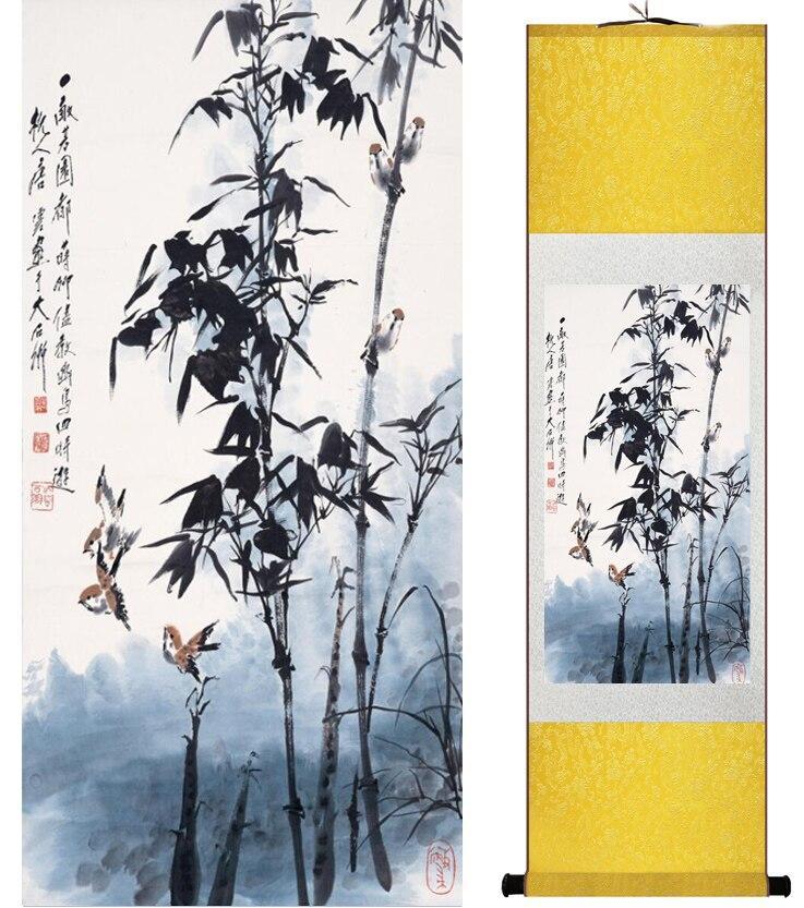 Chinese Art Scroll Painting Bamboo Calligraphys And Flower Ancient Silk Picture Wall Ideas 14546-Chinese Style Finds™