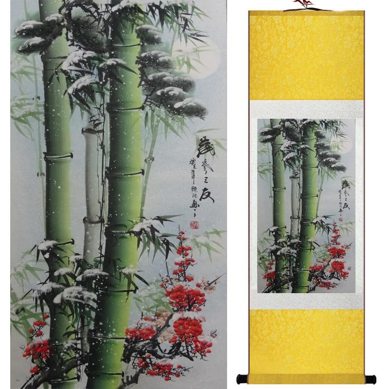 Chinese Art Scroll Painting Bamboo Flower Ancient Silk Picture Wall Ideas 16710-Chinese Style Finds™