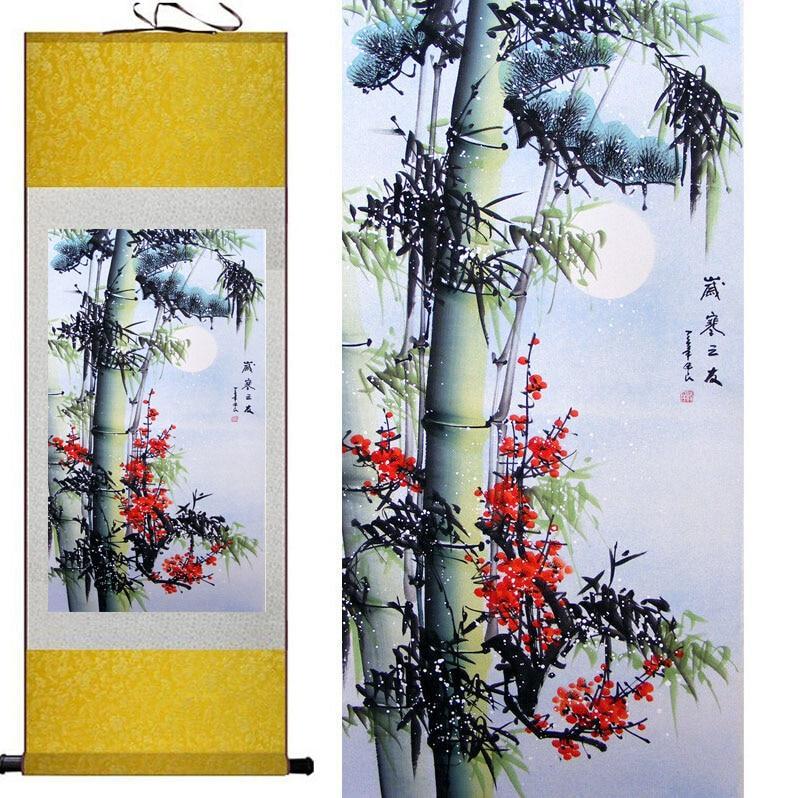 Chinese Art Scroll Painting Bamboo Pine Trees Yellow Plum Ancient Silk Picture Wall Ideas 11454-Chinese Style Finds™