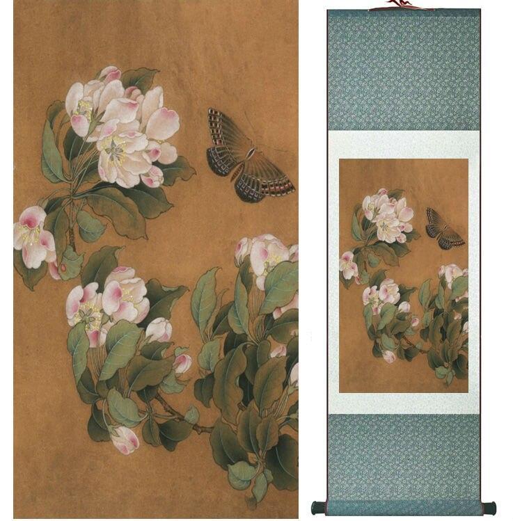 Chinese Art Scroll Painting Begonia Flowers And Butterfly Ancient Silk Picture Wall Ideas 13822-Chinese Style Finds™