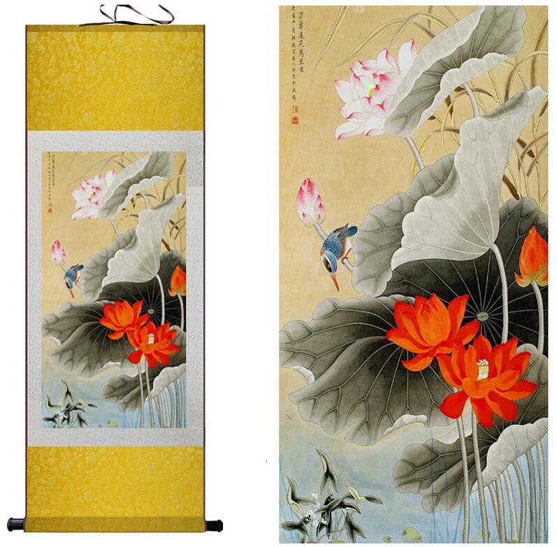 Chinese Art Scroll Painting Bird And Water Lily Ancient Silk Picture Wall Ideas 10274-Chinese Style Finds™