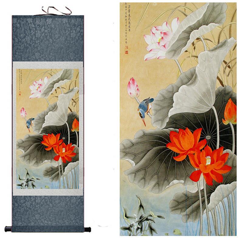 Chinese Art Scroll Painting Bird And Water Lily Ancient Silk Picture Wall Ideas 10274-Chinese Style Finds™