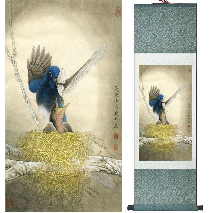 Chinese Art Scroll Painting Bird Mother And Baby Ancient Silk Picture Wall Ideas 14022-Chinese Style Finds™