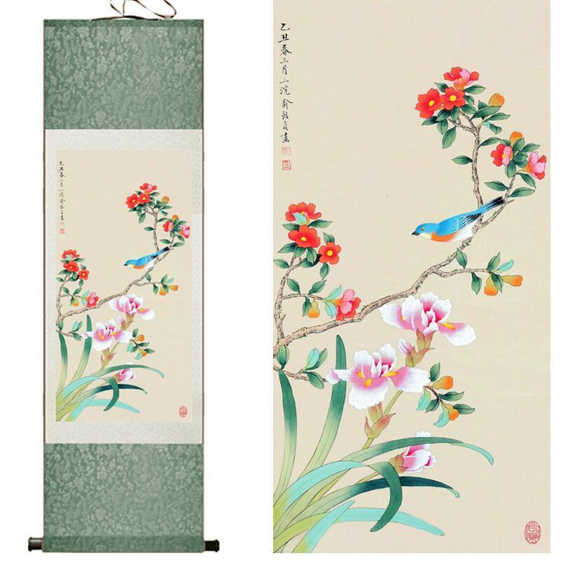 Chinese Art Scroll Painting Bird On Tree Ancient Silk Picture Wall Ideas 10270-Chinese Style Finds™