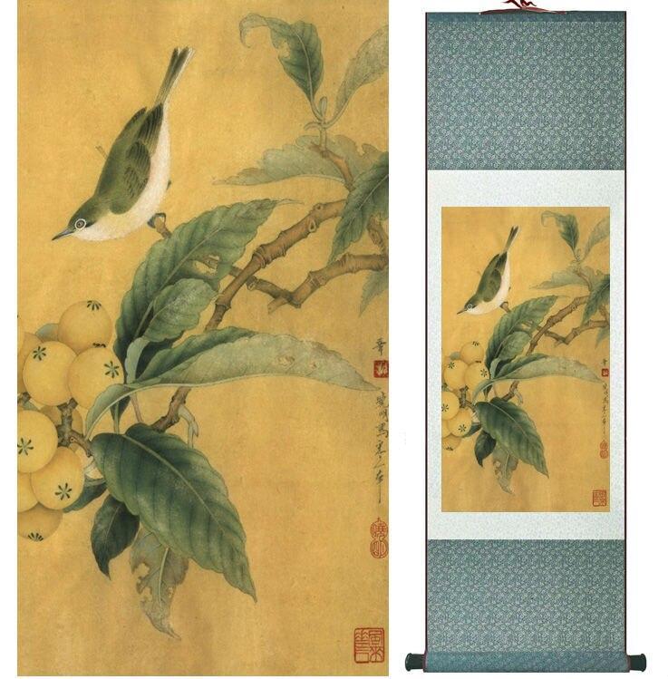 Chinese Art Scroll Painting Bird On Tree Ancient Silk Picture Wall Ideas 13802-Chinese Style Finds™