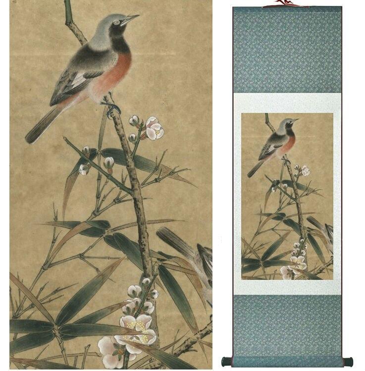 Chinese Art Scroll Painting Bird On Tree Ancient Silk Picture Wall Ideas 13806-Chinese Style Finds™