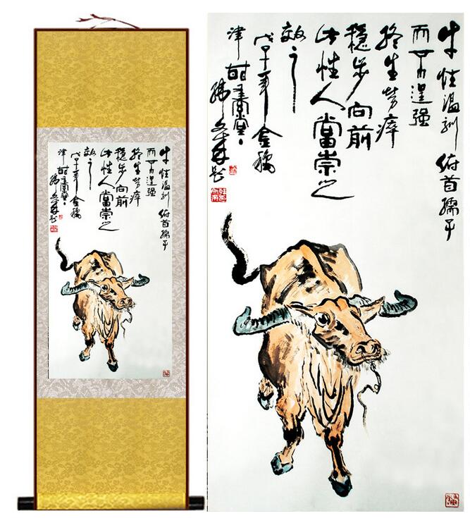 Chinese Art Scroll Painting Bull Cattle Ancient Silk Picture Wall Ideas 12190-Chinese Style Finds™