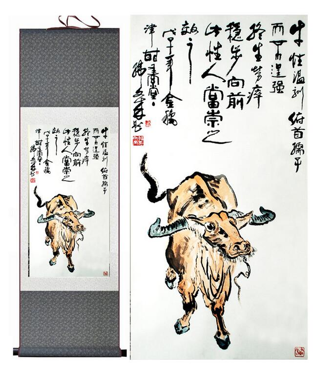 Chinese Art Scroll Painting Bull Cattle Ancient Silk Picture Wall Ideas 12190-Chinese Style Finds™