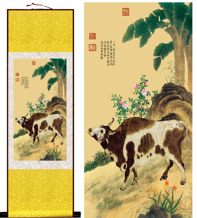 Chinese Art Scroll Painting Bull Cow Cattle Ancient Silk Picture Wall Ideas 13446-Chinese Style Finds™