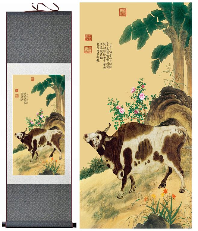 Chinese Art Scroll Painting Bull Cow Cattle Ancient Silk Picture Wall Ideas 13446-Chinese Style Finds™